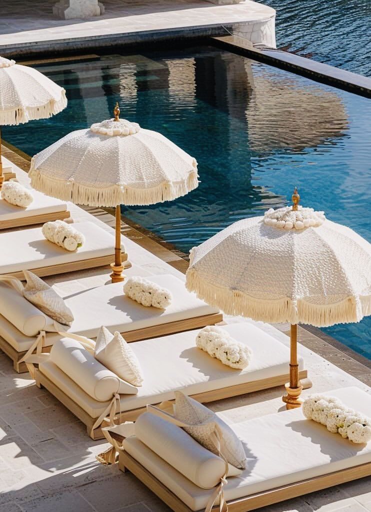 Tasseled umbrellas and loungers beside an infinity pool